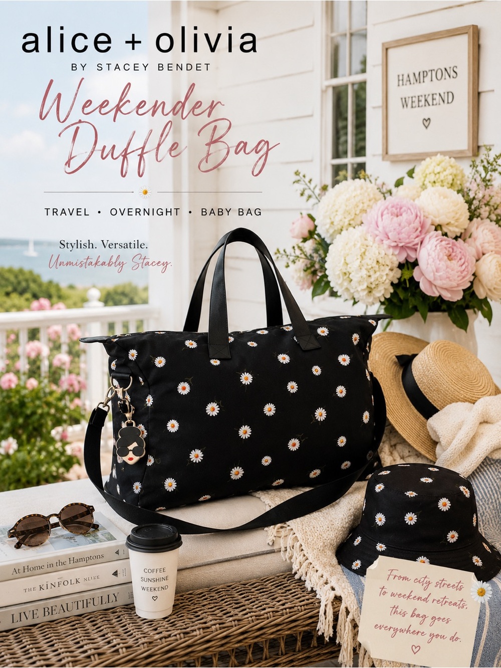 Alice + Olivia Black Canvas Daisy Women's Duffle‎ Weekender Bag by Stacey Bendet